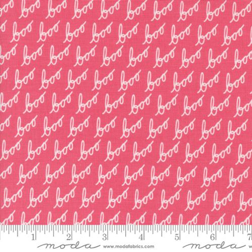 Cotton quilting fabric pattern called 'Boo in Love Potion Pink'. Part of the 'Hey Boo' fabric collection. Designed by Lella Boutique for fabric company Moda. SKU: 5212 14. 44-45 inch width.