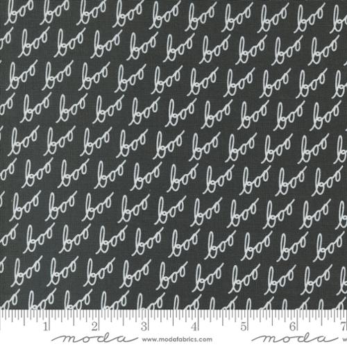 Cotton quilting fabric pattern called 'Boo in Midnight'. Part of the 'Hey Boo' fabric collection. Designed by Lella Boutique for fabric company Moda. SKU: 5212 16. 44-45 inch width.