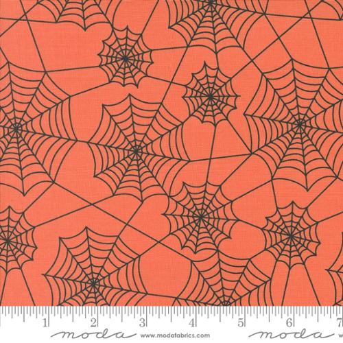 Cotton quilting fabric pattern called 'Webs in Soft Pumpkin'. Part of the 'Hey Boo' fabric collection. Designed by Lella Boutique for fabric company Moda. SKU: 1210385. 44-45 inch width.