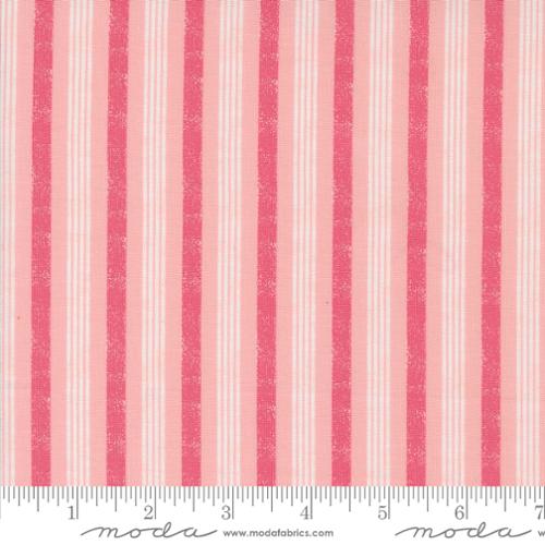 Cotton quilting fabric pattern called 'Boougie Stripe in Bubble Gum Pink'. Part of the 'Hey Boo' fabric collection. Designed by Lella Boutique for fabric company Moda. SKU: 5214 13. 44-45 inch width.