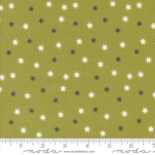 Cotton quilting fabric pattern called 'Practical Magic Stars in Witchy Green'. Part of the 'Hey Boo' fabric collection. Designed by Lella Boutique for fabric company Moda. SKU: 5215 17. 44-45 inch width.