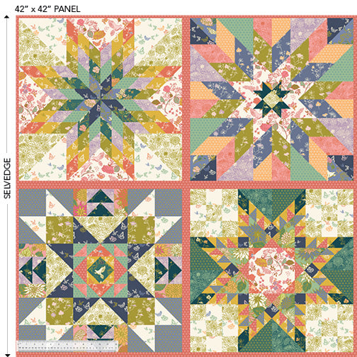 Cotton quilting fabric pattern called 'Garden Stars Panel'. Part of the 'In the Garden' fabric collection. Designed by Jennifer Moore of Monaluna for fabric company Windham Fabrics. SKU: 53627-3. 44-45 inch width.