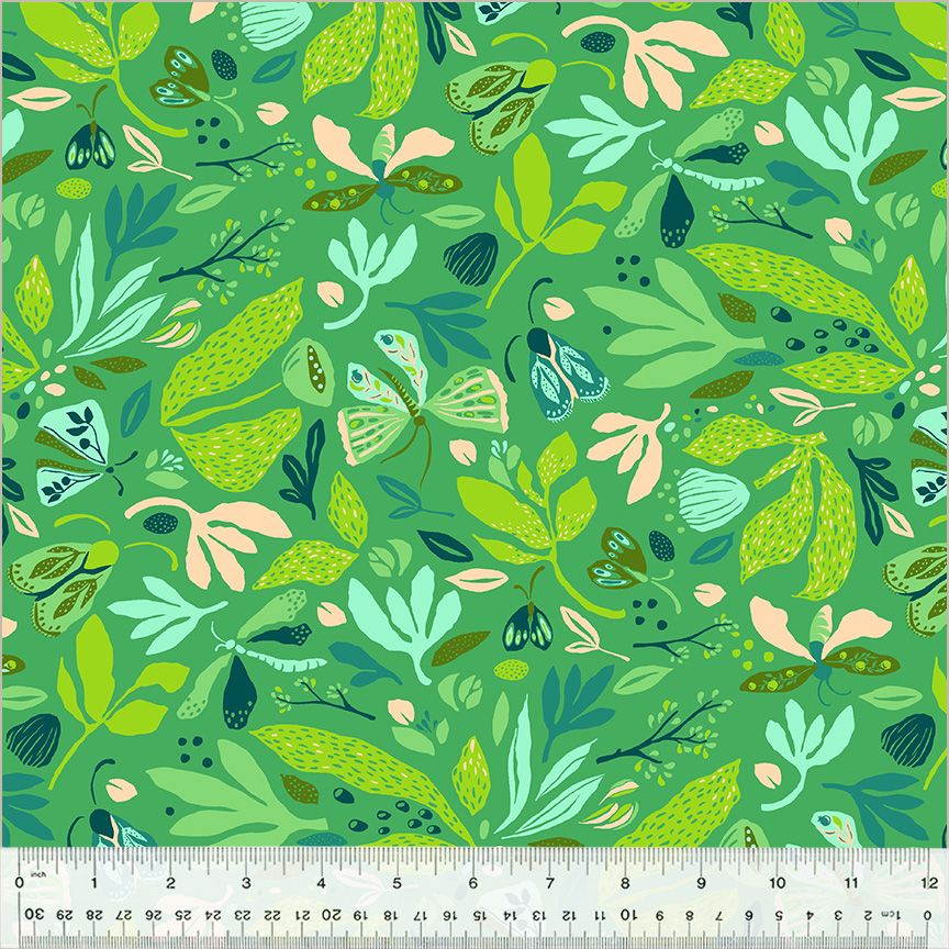 High Density Cotton quilting fabric pattern called 'Cartwheel in Jade'. Part of the 'Summersault' fabric collection. Designed by Tamara Kate for the Windham Fabrics fabric company. SKU: 53756-3. 44-45 inch width.