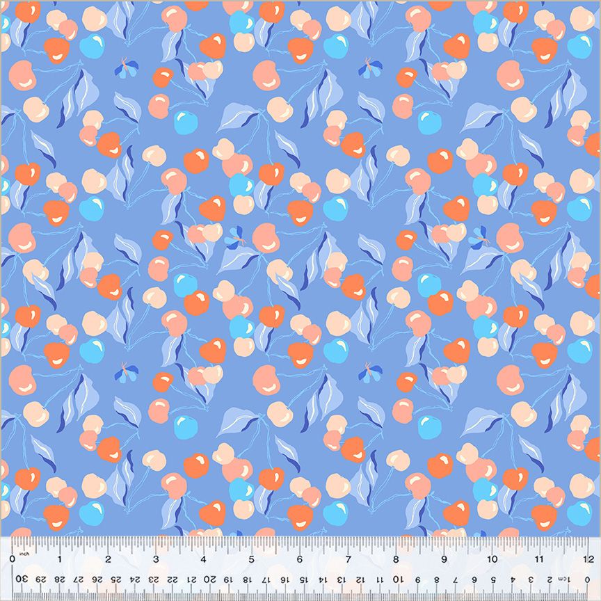 High Density Cotton quilting fabric pattern called 'Cherry Picking in Cornflower'. Part of the 'Summersault' fabric collection. Designed by Tamara Kate for the Windham Fabrics fabric company. SKU: 53757-4. 44-45 inch width.