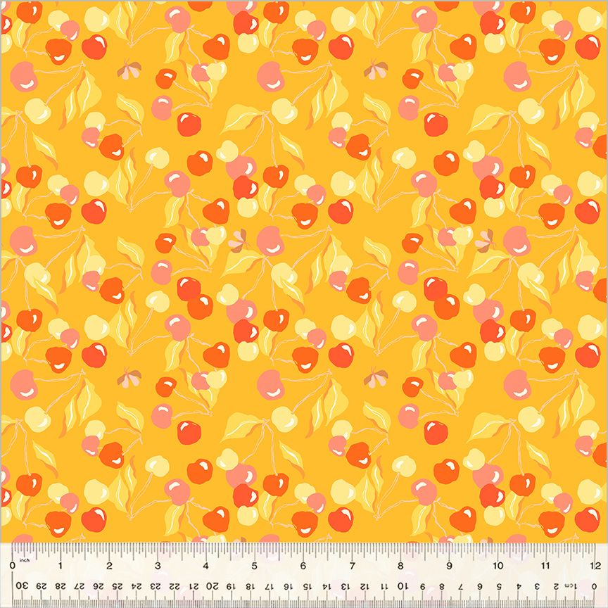 High Density Cotton quilting fabric pattern called 'Cherry Picking in Mandarin'. Part of the 'Summersault' fabric collection. Designed by Tamara Kate for the Windham Fabrics fabric company. SKU: 53757-5. 44-45 inch width.