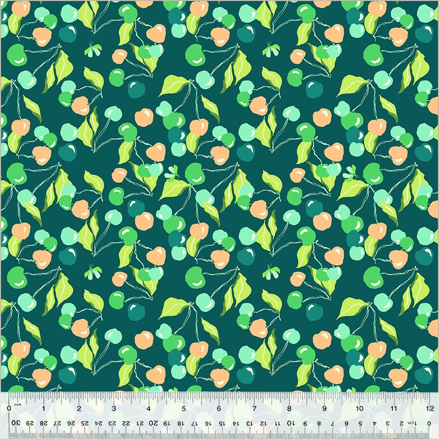 High Density Cotton quilting fabric pattern called 'Cherry Picking in Eden'. Part of the 'Summersault' fabric collection. Designed by Tamara Kate for the Windham Fabrics fabric company. SKU: 53757-6. 44-45 inch width.