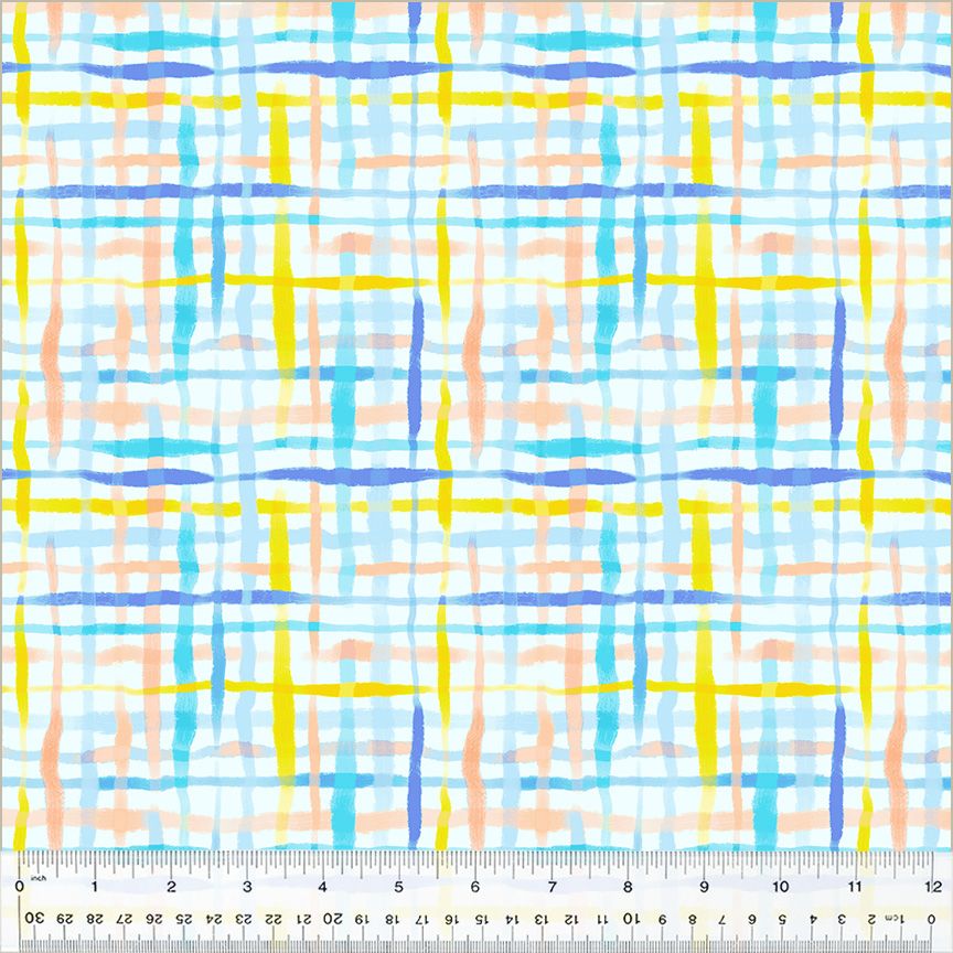 High Density Cotton quilting fabric pattern called 'Picnic Basket in Sky'. Part of the 'Summersault' fabric collection. Designed by Tamara Kate for the Windham Fabrics fabric company. SKU: 53758-1. 44-45 inch width.