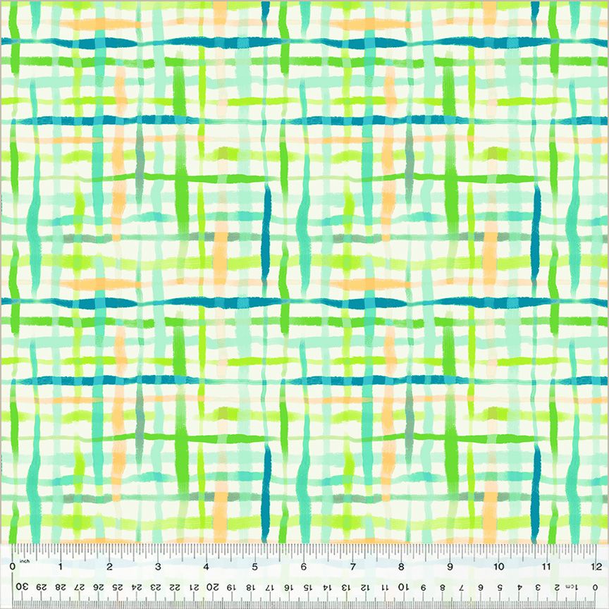 High Density Cotton quilting fabric pattern called 'Picnic Basket in Mint'. Part of the 'Summersault' fabric collection. Designed by Tamara Kate for the Windham Fabrics fabric company. SKU: 53758-7. 44-45 inch width.