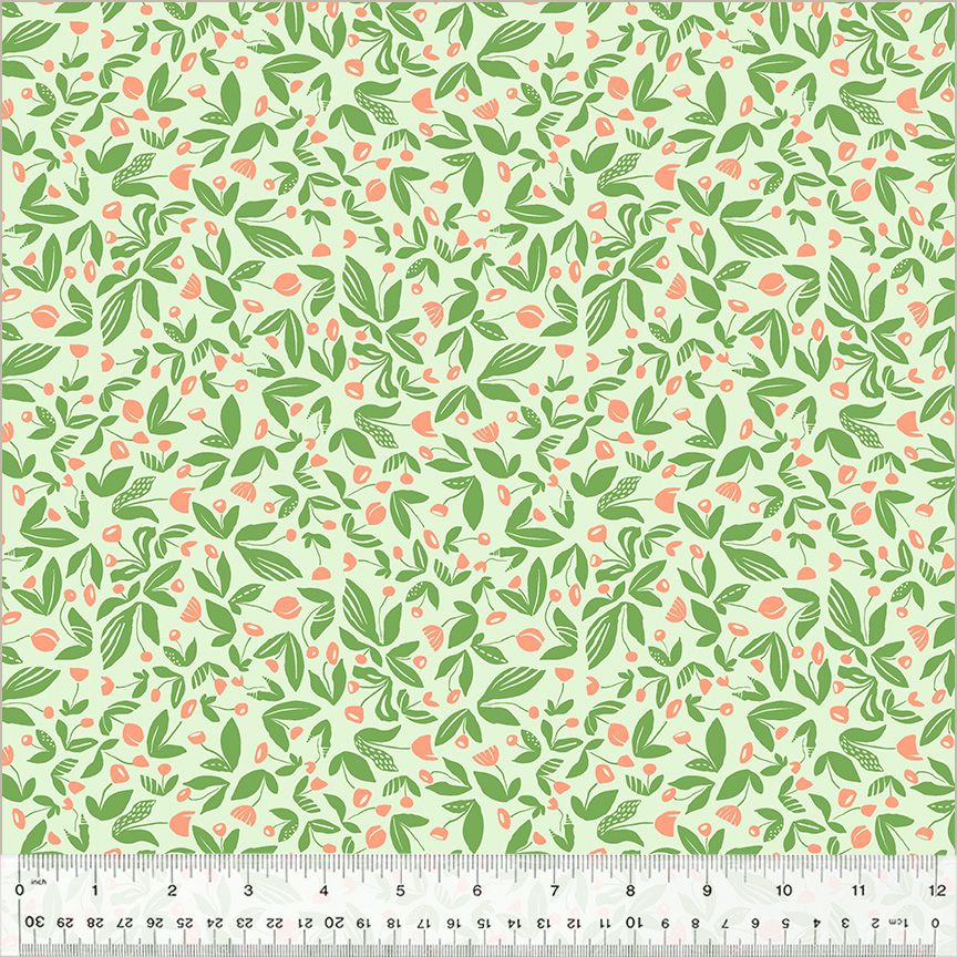 High Density Cotton quilting fabric pattern called 'Barefoot in Mint'. Part of the 'Summersault' fabric collection. Designed by Tamara Kate for the Windham Fabrics fabric company. SKU: 53759-7. 44-45 inch width.