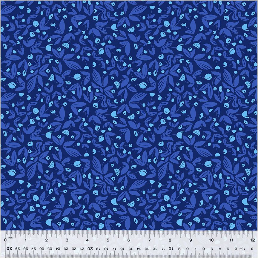 High Density Cotton quilting fabric pattern called 'Barefoot in Cobalt'. Part of the 'Summersault' fabric collection. Designed by Tamara Kate for the Windham Fabrics fabric company. SKU: 53759-8. 44-45 inch width.