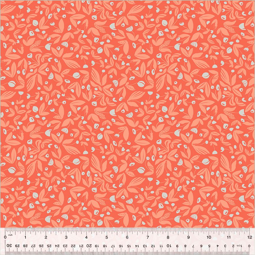 High Density Cotton quilting fabric pattern called 'Barefoot in Coral'. Part of the 'Summersault' fabric collection. Designed by Tamara Kate for the Windham Fabrics fabric company. SKU: 53759-9. 44-45 inch width.