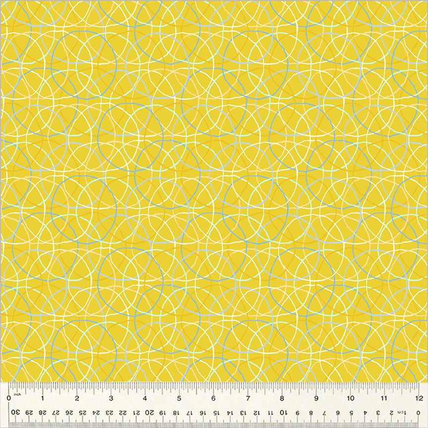 High Density Cotton quilting fabric pattern called 'Hoolahoop in Gold'. Part of the 'Summersault' fabric collection. Designed by Tamara Kate for the Windham Fabrics fabric company. SKU: 53760-10. 44-45 inch width.