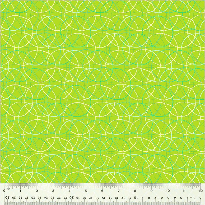 High Density Cotton quilting fabric pattern called 'Hoolahoop in Lime'. Part of the 'Summersault' fabric collection. Designed by Tamara Kate for the Windham Fabrics fabric company. SKU: 53760-12. 44-45 inch width.