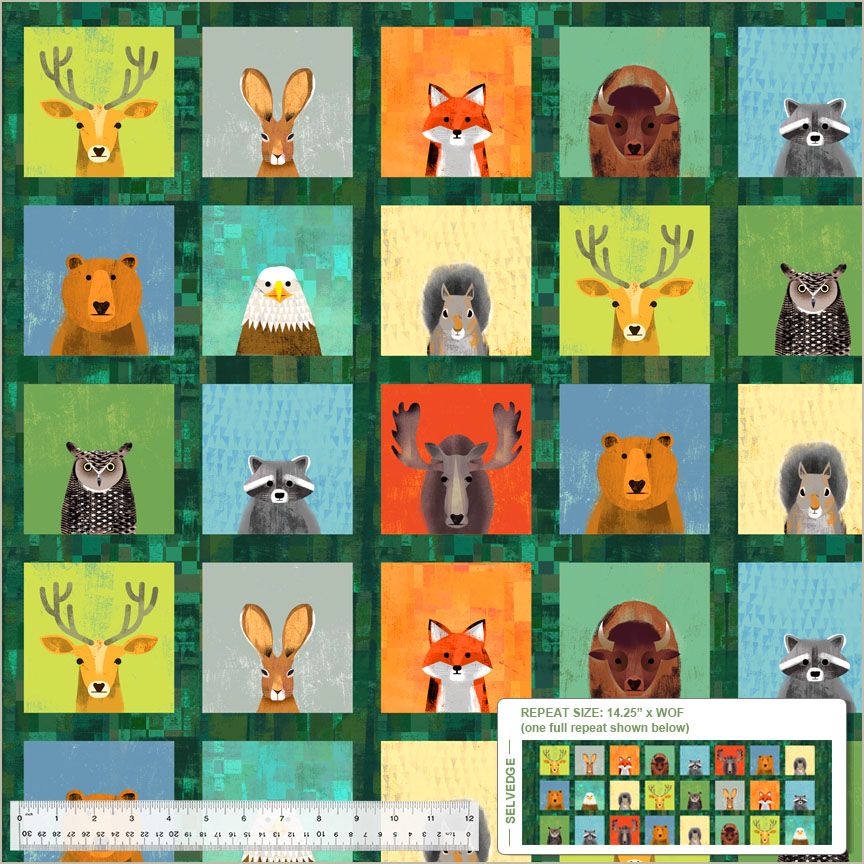 Cotton quilting fabric pattern called 'Wildlife Portraits in Forest'. Part of the 'Wild North' fabric collection. Designed by Gareth Lucas for fabric company Windham Fabrics. SKU: 53933D-1. 44-45 inch width.