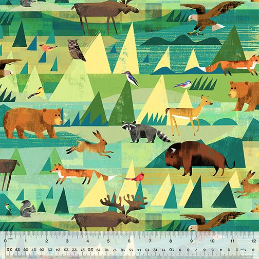 Cotton quilting fabric pattern called 'The Great Outdoors in Teal'. Part of the 'Wild North' fabric collection. Designed by Gareth Lucas for fabric company Windham Fabrics. SKU: 53934D-2. 44-45 inch width.