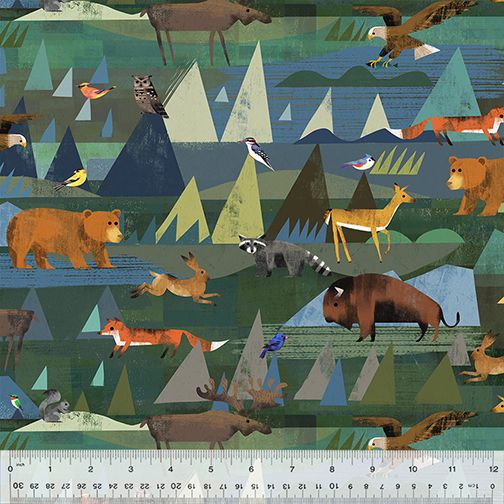 Cotton quilting fabric pattern called 'The Great Outdoors in Slate'. Part of the 'Wild North' fabric collection. Designed by Gareth Lucas for fabric company Windham Fabrics. SKU: 53934D-3. 44-45 inch width.