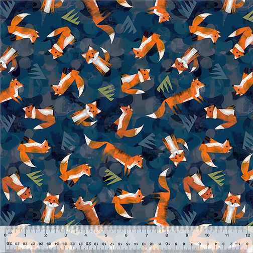 Cotton quilting fabric pattern called 'Wild Foxes in Navy'. Part of the 'Wild North' fabric collection. Designed by Gareth Lucas for fabric company Windham Fabrics. SKU: 53936D-5. 44-45 inch width.