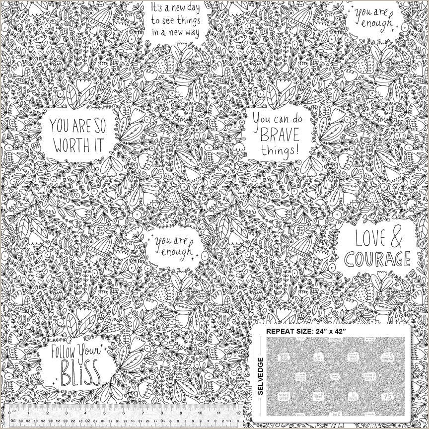 Cotton quilting fabric pattern called 'Love & Courage in White'. Part of the 'Bliss' fabric collection. Designed by Virginia Kraljevic for fabric company Windham Fabrics. SKU: 53982-1. 44-45 inch width.