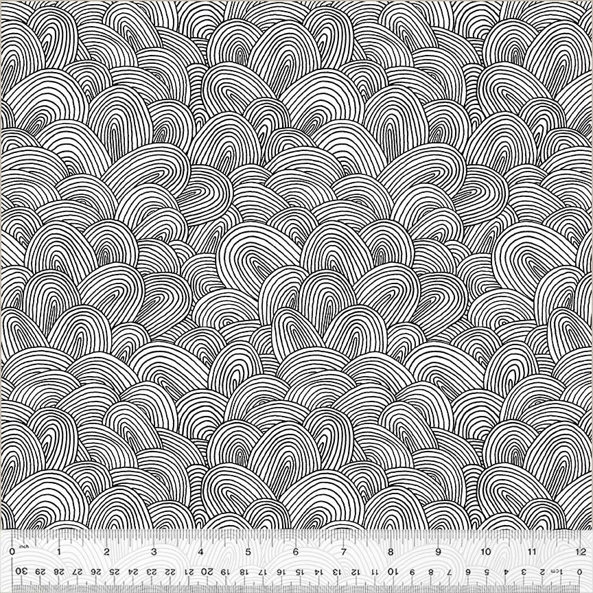 Cotton quilting fabric pattern called 'New Day in White'. Part of the 'Bliss' fabric collection. Designed by Virginia Kraljevic for fabric company Windham Fabrics. SKU: 53984-1. 44-45 inch width.