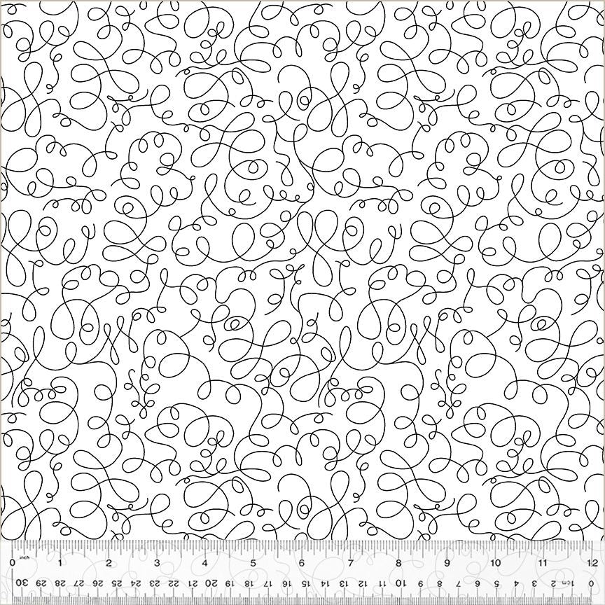 Cotton quilting fabric pattern called 'Just Begin in White'. Part of the 'Bliss' fabric collection. Designed by Virginia Kraljevic for fabric company Windham Fabrics. SKU: 53985-1. 44-45 inch width.