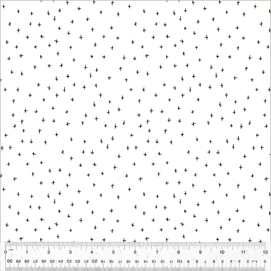 Cotton quilting fabric pattern called 'Shine Bright in White'. Part of the 'Bliss' fabric collection. Designed by Virginia Kraljevic for fabric company Windham Fabrics. SKU: 53986-1. 44-45 inch width.