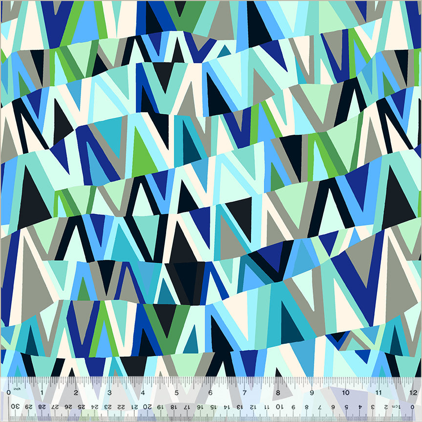 Cotton quilting fabric pattern called 'Wavelength in Sea Glass'. Part of the 'Kaleidoscope' fabric collection. Designed by Annabel Wrigley for fabric company Windham Fabrics. SKU: 54118D-6. 44-45 inch width.