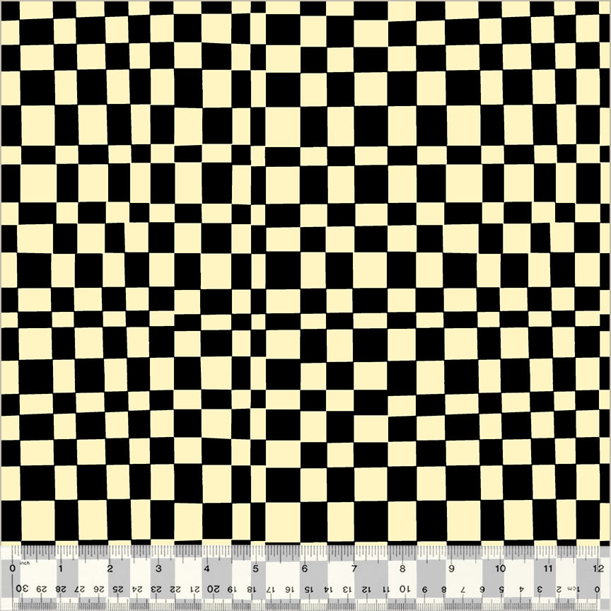 Cotton quilting fabric pattern called 'Checker in Ink/Vanilla'. Part of the 'Kaleidoscope' fabric collection. Designed by Annabel Wrigley for fabric company Windham Fabrics. SKU: 54120D-11. 44-45 inch width.