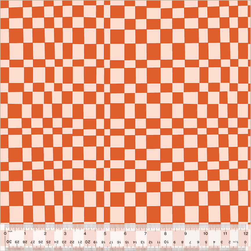 Cotton quilting fabric pattern called 'Checker in Mandarin/Blush'. Part of the 'Kaleidoscope' fabric collection. Designed by Annabel Wrigley for fabric company Windham Fabrics. SKU: 54120D-12. 44-45 inch width.