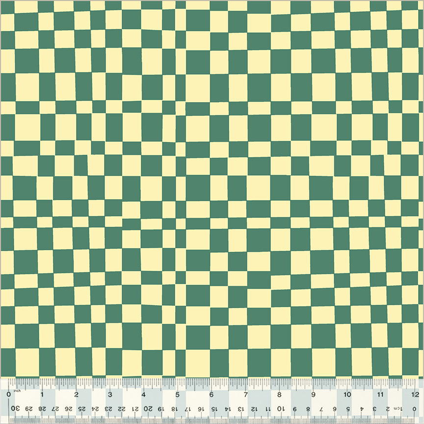 Cotton quilting fabric pattern called 'Checker in Agave/Vanilla Custard'. Part of the 'Kaleidoscope' fabric collection. Designed by Annabel Wrigley for fabric company Windham Fabrics. SKU: 54120D-2. 44-45 inch width.