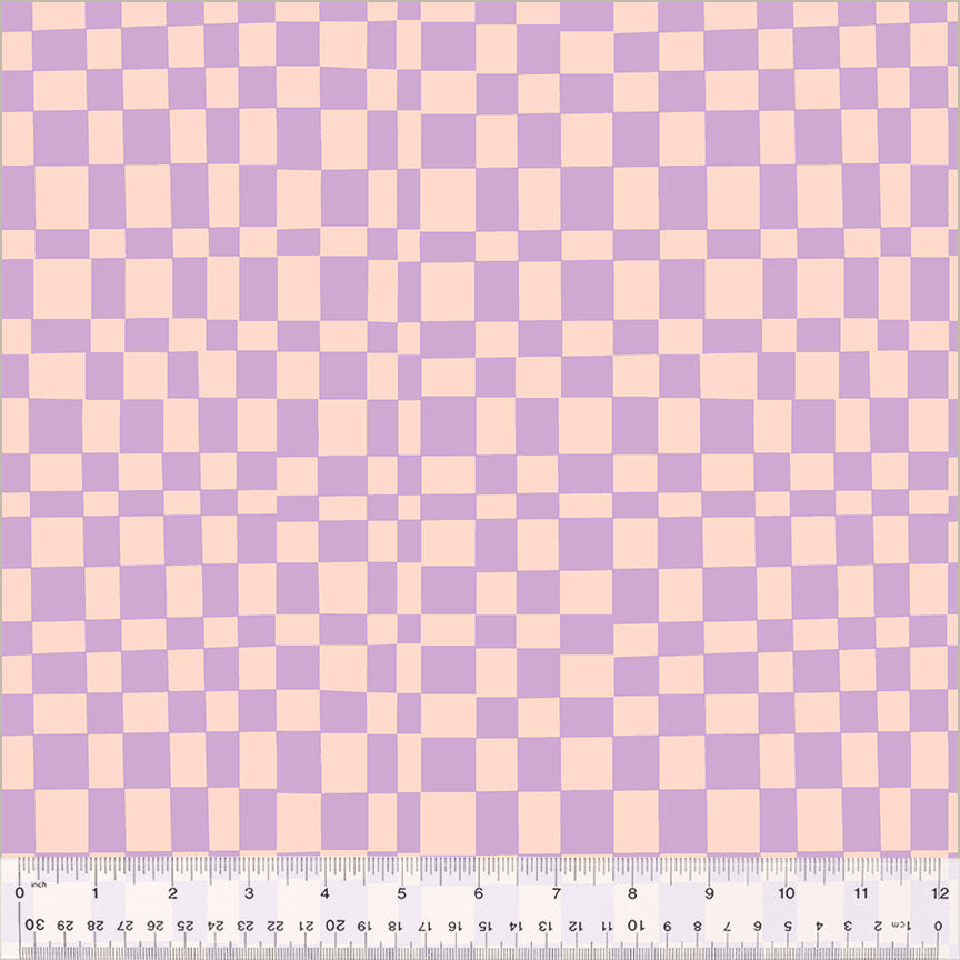 Cotton quilting fabric pattern called 'Checker in Blush/Vervain'. Part of the 'Kaleidoscope' fabric collection. Designed by Annabel Wrigley for fabric company Windham Fabrics. SKU: 54120D-3. 44-45 inch width.