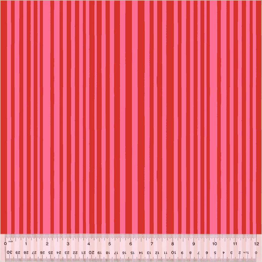 Cotton quilting fabric pattern called 'Mini Stripe in Capsicum/Perfect Pink'. Part of the 'Kaleidoscope' fabric collection. Designed by Annabel Wrigley for fabric company Windham Fabrics. SKU: 54121D-14. 44-45 inch width.