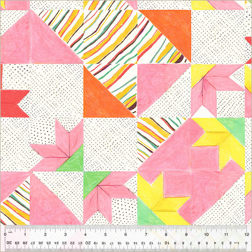 Cotton quilting fabric pattern called 'Bee's Quilt in White'. Part of the 'Heather Ross By Hand' fabric collection. Designed by Heather Ross for fabric company Windham Fabrics. SKU: 54248D-1. 44-45 inch width.