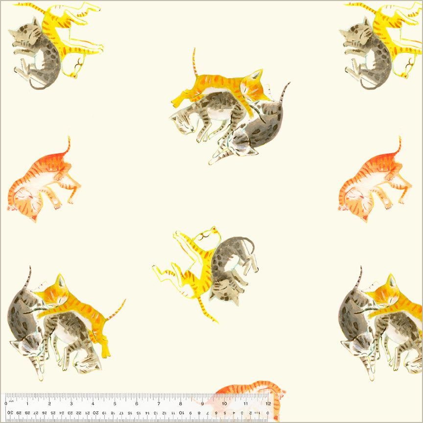 Cotton quilting fabric pattern called 'Barn Kittens in Ivory'. Part of the 'Heather Ross By Hand' fabric collection. Designed by Heather Ross for fabric company Windham Fabrics. SKU: 54250D-2. 44-45 inch width.