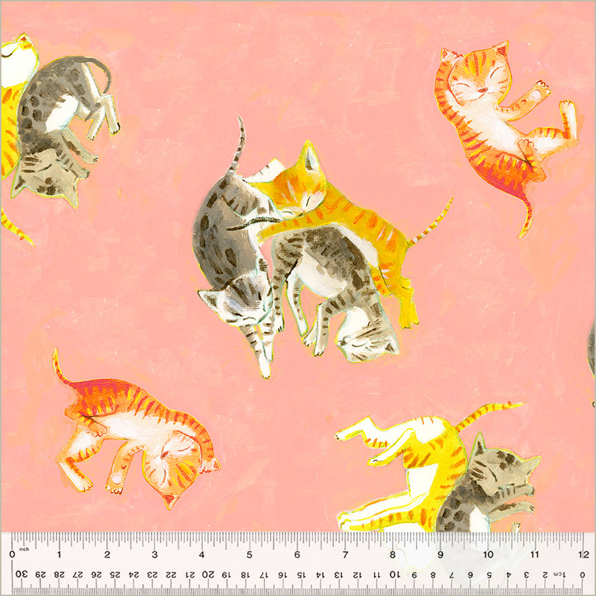 Cotton quilting fabric pattern called 'Barn Kittens in Salmon'. Part of the 'Heather Ross By Hand' fabric collection. Designed by Heather Ross for fabric company Windham Fabrics. SKU: 54251D-3. 44-45 inch width.