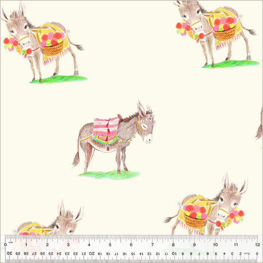 Cotton quilting fabric pattern called 'Burros in Ivory'. Part of the 'Heather Ross By Hand' fabric collection. Designed by Heather Ross for fabric company Windham Fabrics. SKU: 54252D-2. 44-45 inch width.