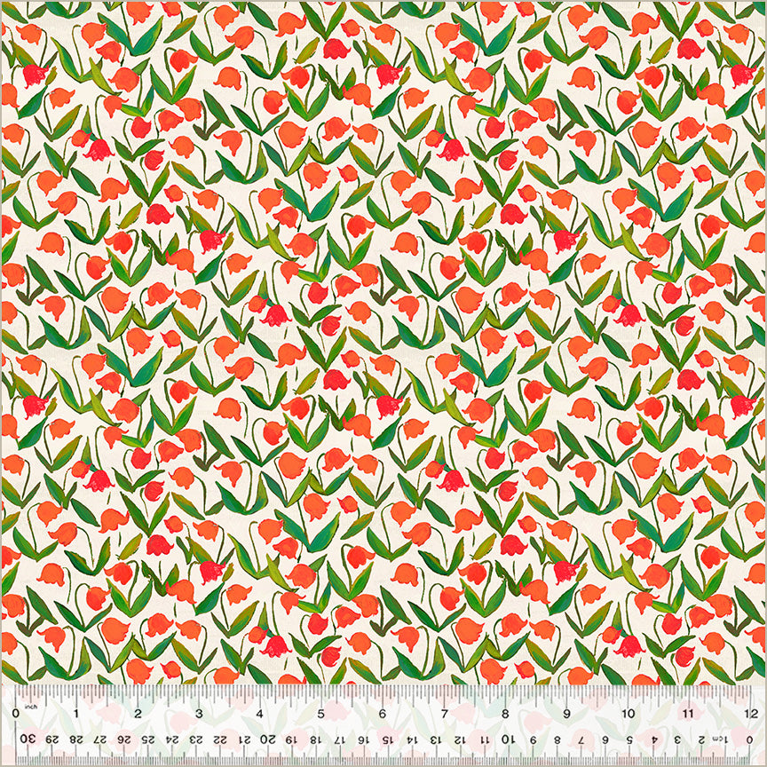 Cotton quilting fabric pattern called 'Flowerbed in Cotton'. Part of the 'Heather Ross By Hand' fabric collection. Designed by Heather Ross for fabric company Windham Fabrics. SKU: 54257D-11. 44-45 inch width.