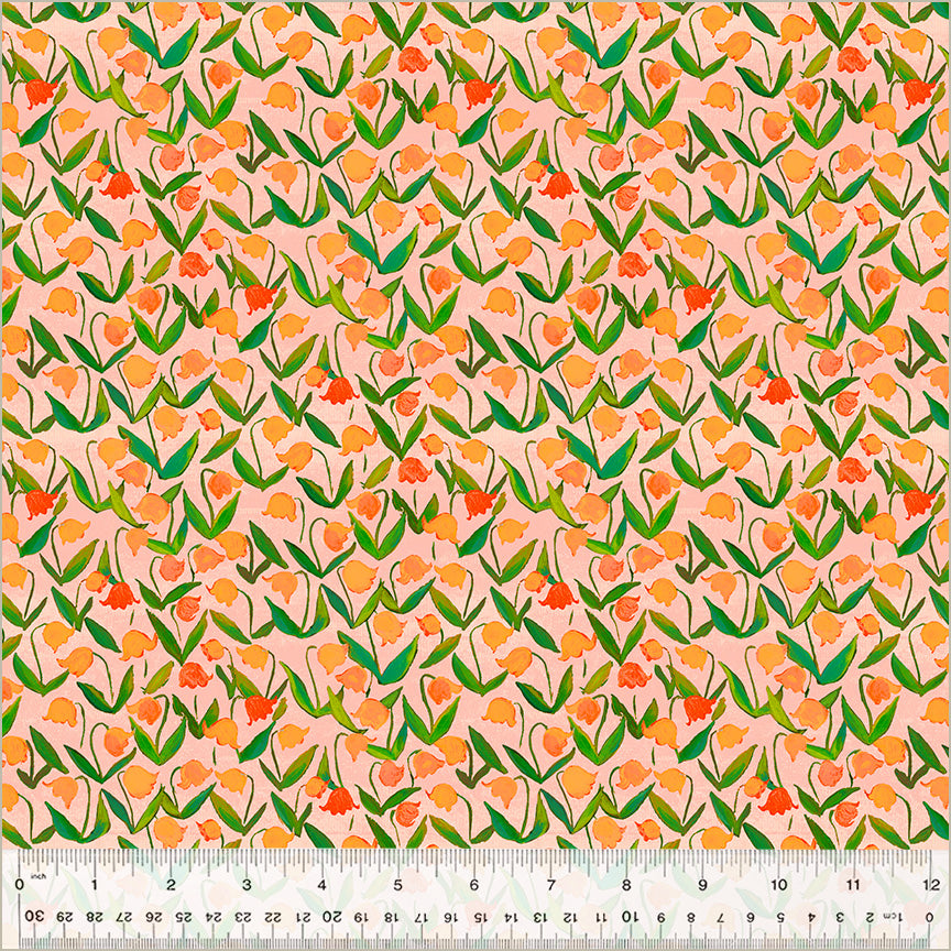 Cotton quilting fabric pattern called 'Flowerbed in Salmon'. Part of the 'Heather Ross By Hand' fabric collection. Designed by Heather Ross for fabric company Windham Fabrics. SKU: 54257D-3. 44-45 inch width.