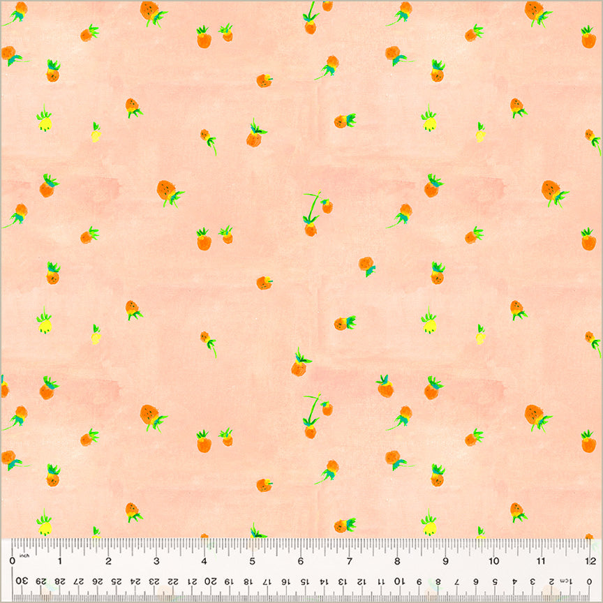 Cotton quilting fabric pattern called 'Wild Strawberries in Blush'. Part of the 'Heather Ross By Hand' fabric collection. Designed by Heather Ross for fabric company Windham Fabrics. SKU: 54259D-6. 44-45 inch width.