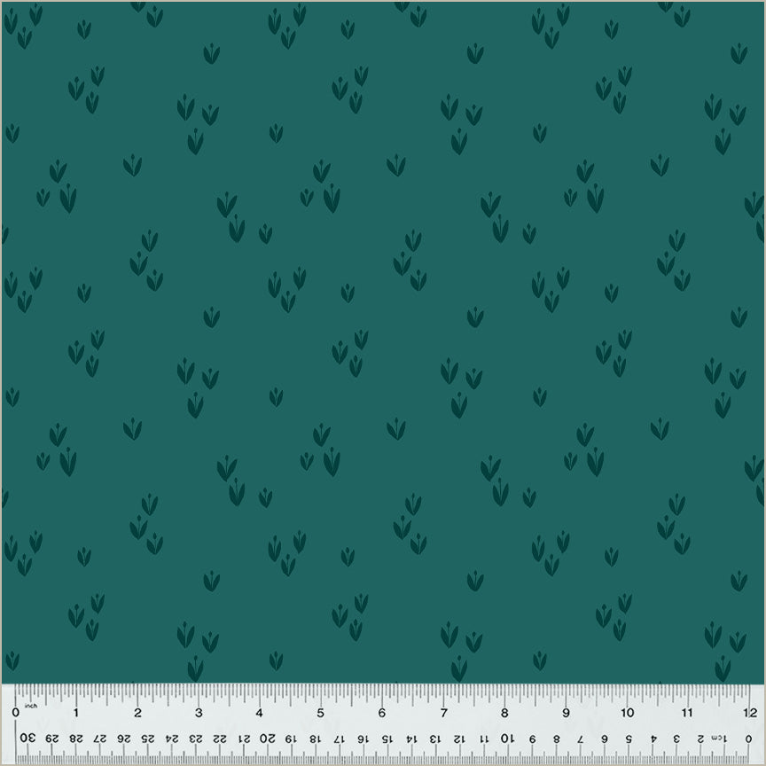 Cotton quilting fabric pattern called 'Sprout in Lagoon'. Part of the 'Moonlit' fabric collection. Designed by Jennifer Moore / Monaluna for fabric company Windham Fabrics. SKU: 54288-19. 44-45 inch width.