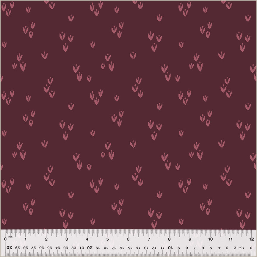 Cotton quilting fabric pattern called 'Sprout in Wine'. Part of the 'Moonlit' fabric collection. Designed by Jennifer Moore / Monaluna for fabric company Windham Fabrics. SKU: 54288-2. 44-45 inch width.