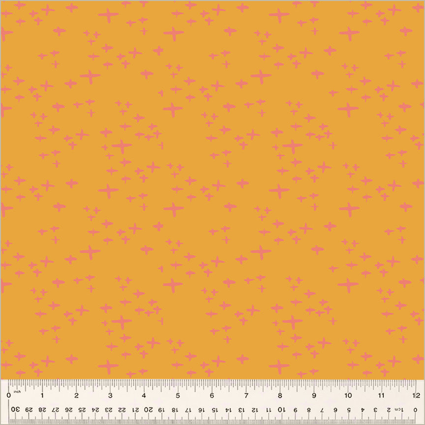 Cotton quilting fabric pattern called 'Glimmer in Tangerine'. Part of the 'Moonlit' fabric collection. Designed by Jennifer Moore / Monaluna for fabric company Windham Fabrics. SKU: 54289-12. 44-45 inch width.