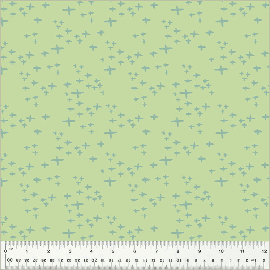 Cotton quilting fabric pattern called 'Glimmer in Celery'. Part of the 'Moonlit' fabric collection. Designed by Jennifer Moore / Monaluna for fabric company Windham Fabrics. SKU: 54289-16. 44-45 inch width.