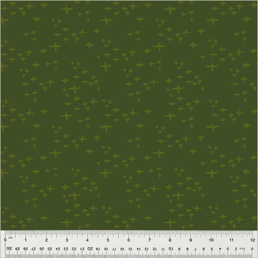 Cotton quilting fabric pattern called 'Glimmer in Grassy'. Part of the 'Moonlit' fabric collection. Designed by Jennifer Moore / Monaluna for fabric company Windham Fabrics. SKU: 54289-18. 44-45 inch width.