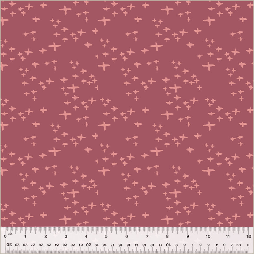 Cotton quilting fabric pattern called 'Glimmer in Plum'. Part of the 'Moonlit' fabric collection. Designed by Jennifer Moore / Monaluna for fabric company Windham Fabrics. SKU: 54289-3. 44-45 inch width.