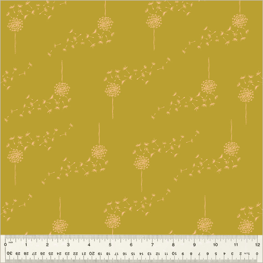 Cotton quilting fabric pattern called 'Wish in Brass'. Part of the 'Moonlit' fabric collection. Designed by Jennifer Moore / Monaluna for fabric company Windham Fabrics. SKU: 54290-13. 44-45 inch width.