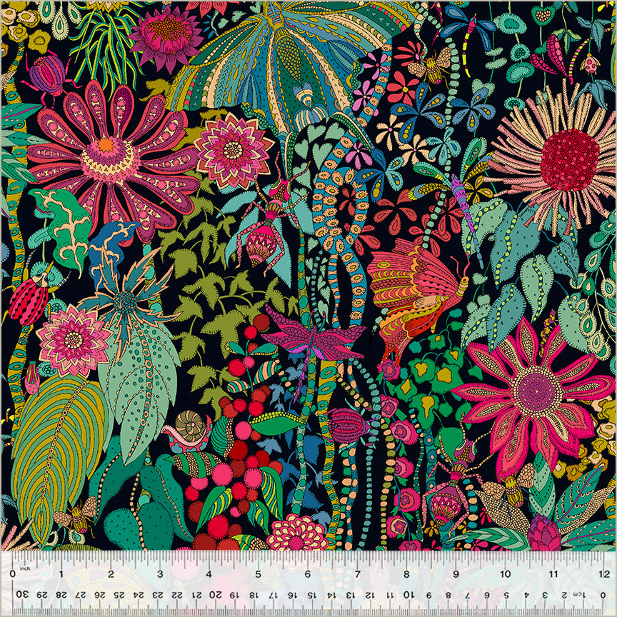 Cotton quilting fabric pattern called 'Twilight Dance in Black'. Part of the 'Twilight' fabric collection. Designed by Sally Kelly for fabric company Windham Fabrics. SKU: 54299D-1. 44-45 inch width.