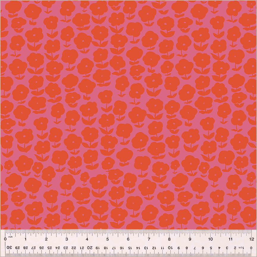 High Density Cotton quilting fabric pattern called 'Puffy Daisy in Purple/Red'. Part of the 'Ruby and Bee Blenders' fabric collection. Designed by Heather Ross for the Windham Fabrics fabric company. SKU: 54413-1. 44-45 inch width.