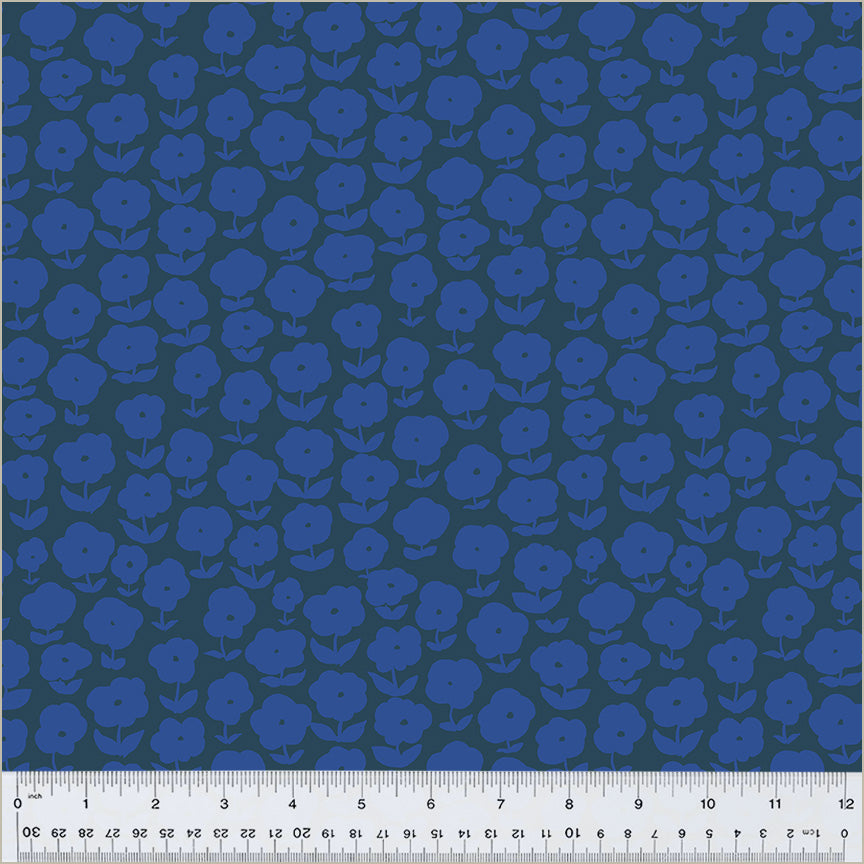 High Density Cotton quilting fabric pattern called 'Puffy Daisy in Ink/Majorelle'. Part of the 'Ruby and Bee Blenders' fabric collection. Designed by Heather Ross for the Windham Fabrics fabric company. SKU: 54413-4. 44-45 inch width.