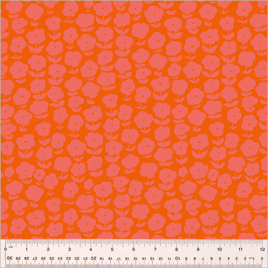 High Density Cotton quilting fabric pattern called 'Puffy Daisy in Capsicum'. Part of the 'Ruby and Bee Blenders' fabric collection. Designed by Heather Ross for the Windham Fabrics fabric company. SKU: 54413-6. 44-45 inch width.