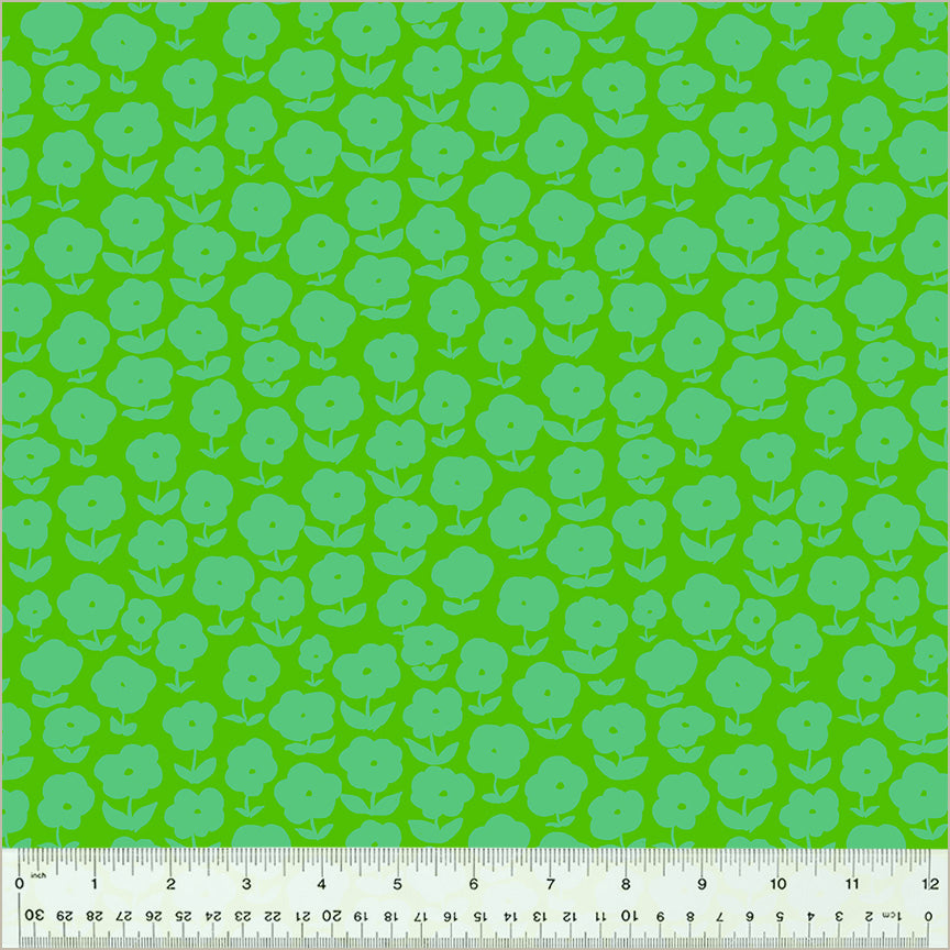 High Density Cotton quilting fabric pattern called 'Puffy Daisy in Pasture'. Part of the 'Ruby and Bee Blenders' fabric collection. Designed by Heather Ross for the Windham Fabrics fabric company. SKU: 54413-7. 44-45 inch width.